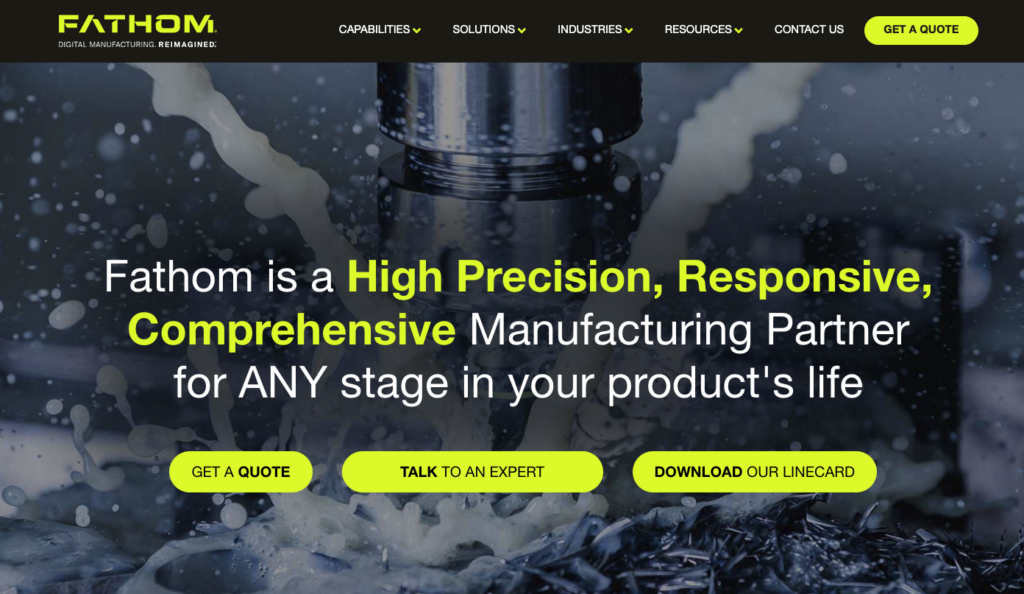 A screenshot of the fathom manufacturing company's homepage, a competitor of Xometry, highlighting their precision, responsiveness, and comprehensive services with an industrial background image.